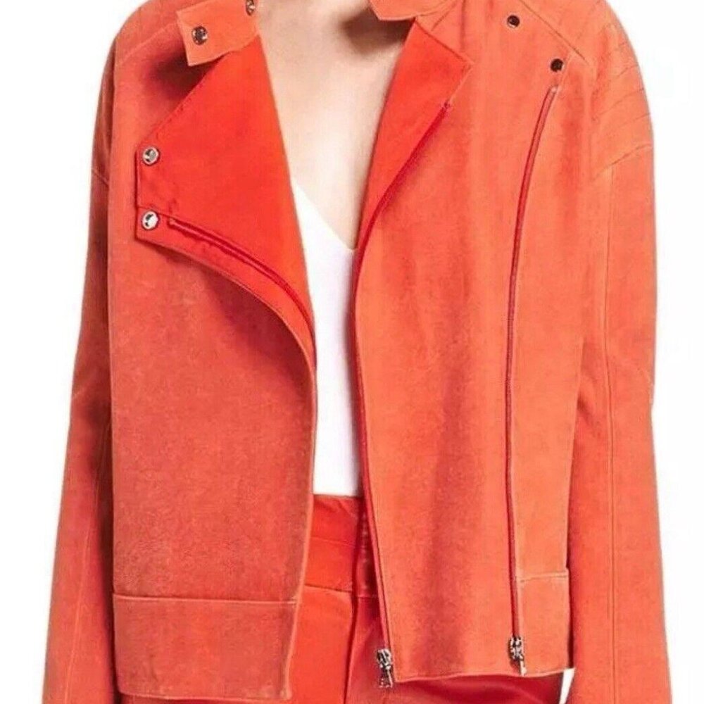 $3200 J Brand Womens Red Motorcycle Coat Asymmetric Zip Leather Jacket Small S‎